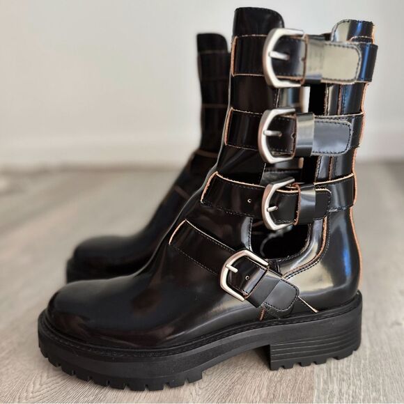 ZARA BUCKLED OPEN DETAIL LEATHER ANKLE BOOTS - Picture 2 of 6